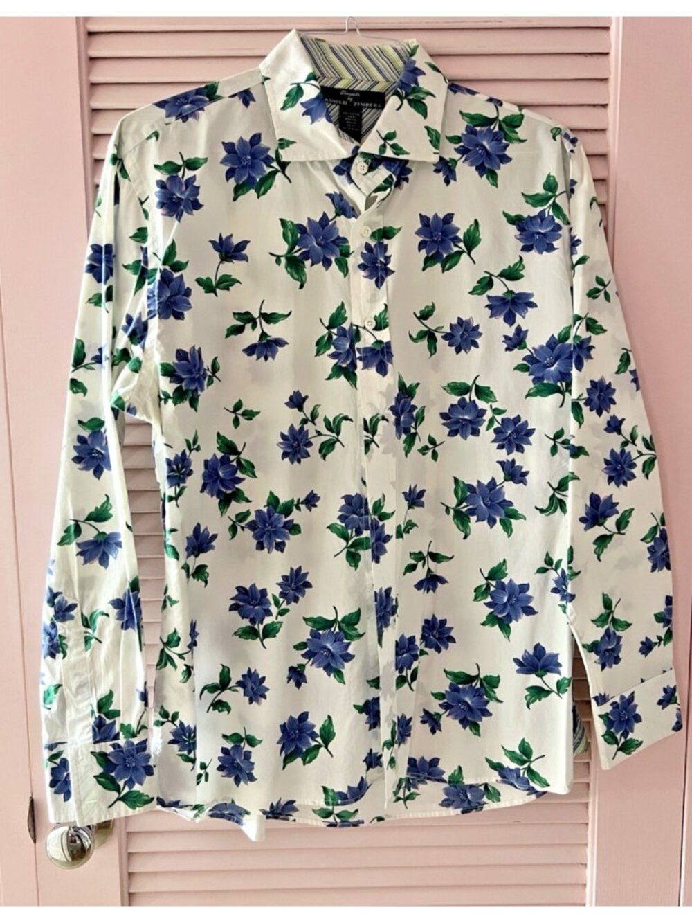 ARNOLD ZIMBERG Men's Size L Shirt Long Sleeve Floral 100% Cotton Contrast Cuffs